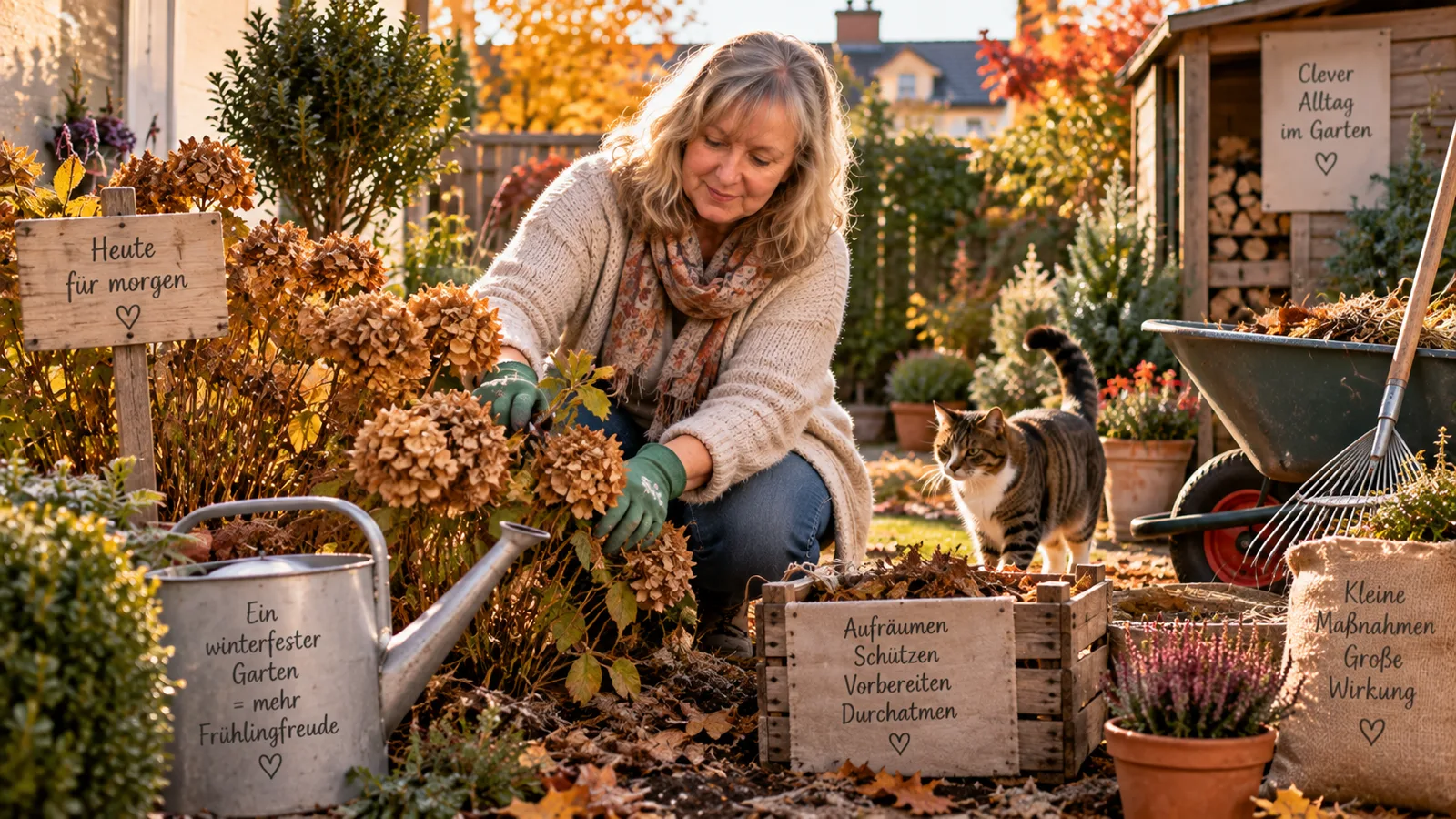 Kübelpflanze wird im herbstlichen Garten mit Jute vor Kälte geschützt