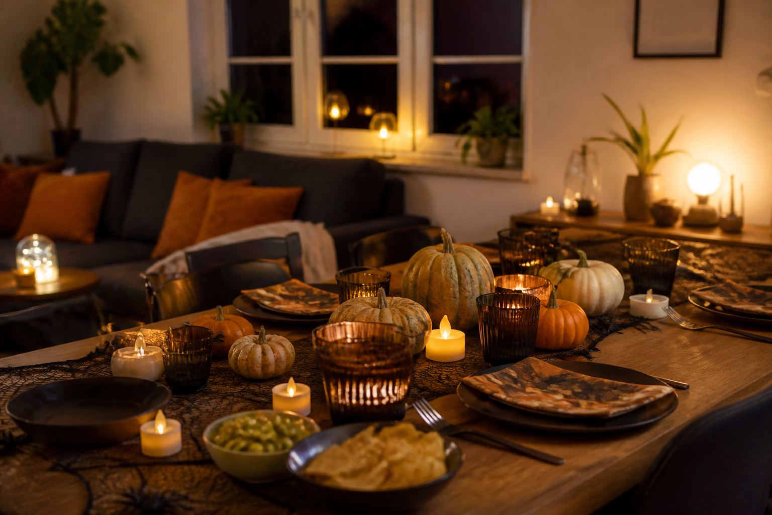 Kürbisdekoration und Kerzenlichter auf einem herbstlich gedeckten Holztisch