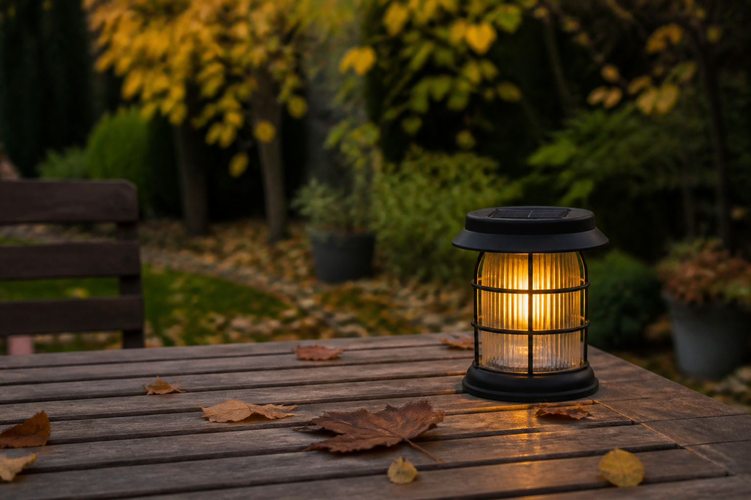 Solarleuchte im herbstlichen Garten auf feuchtem Rasen neben bunten Blaettern